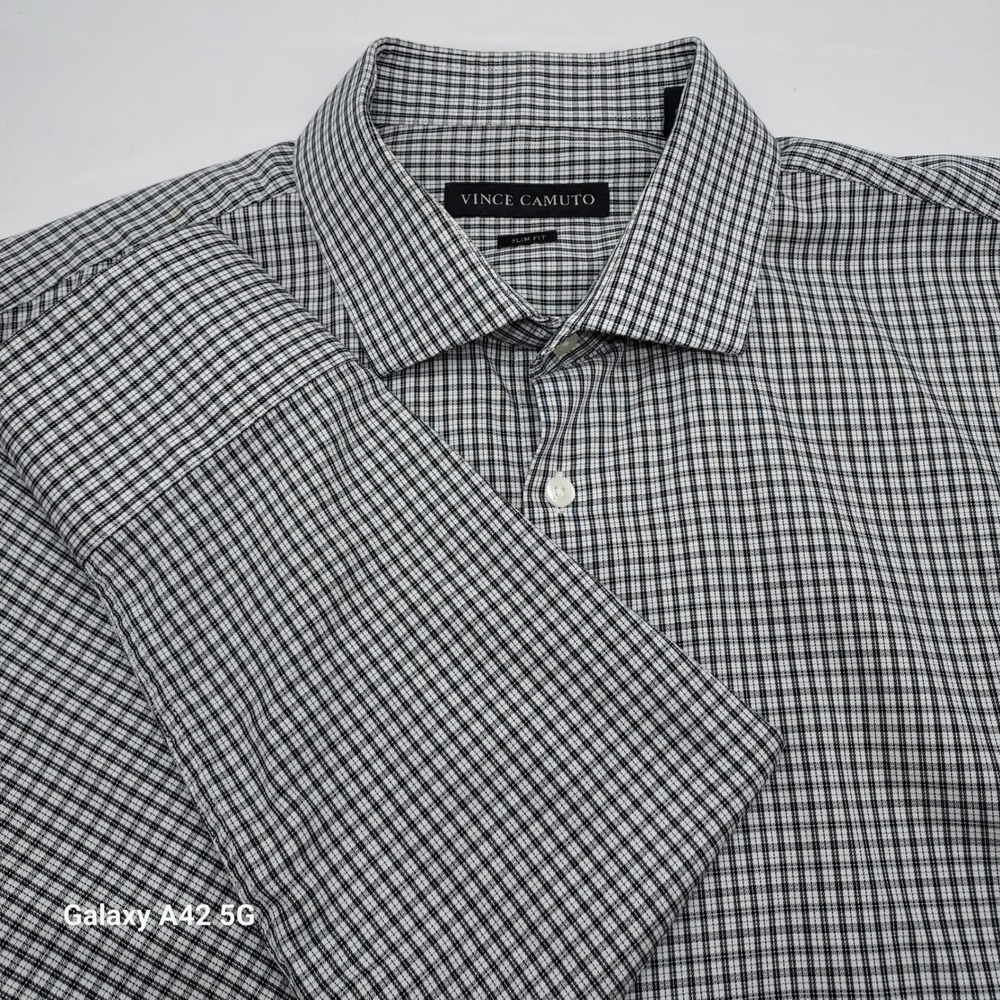 Vince Camuto Mens Slim Fit Dress Shirt Black White Check 16 32/33 Cotton
